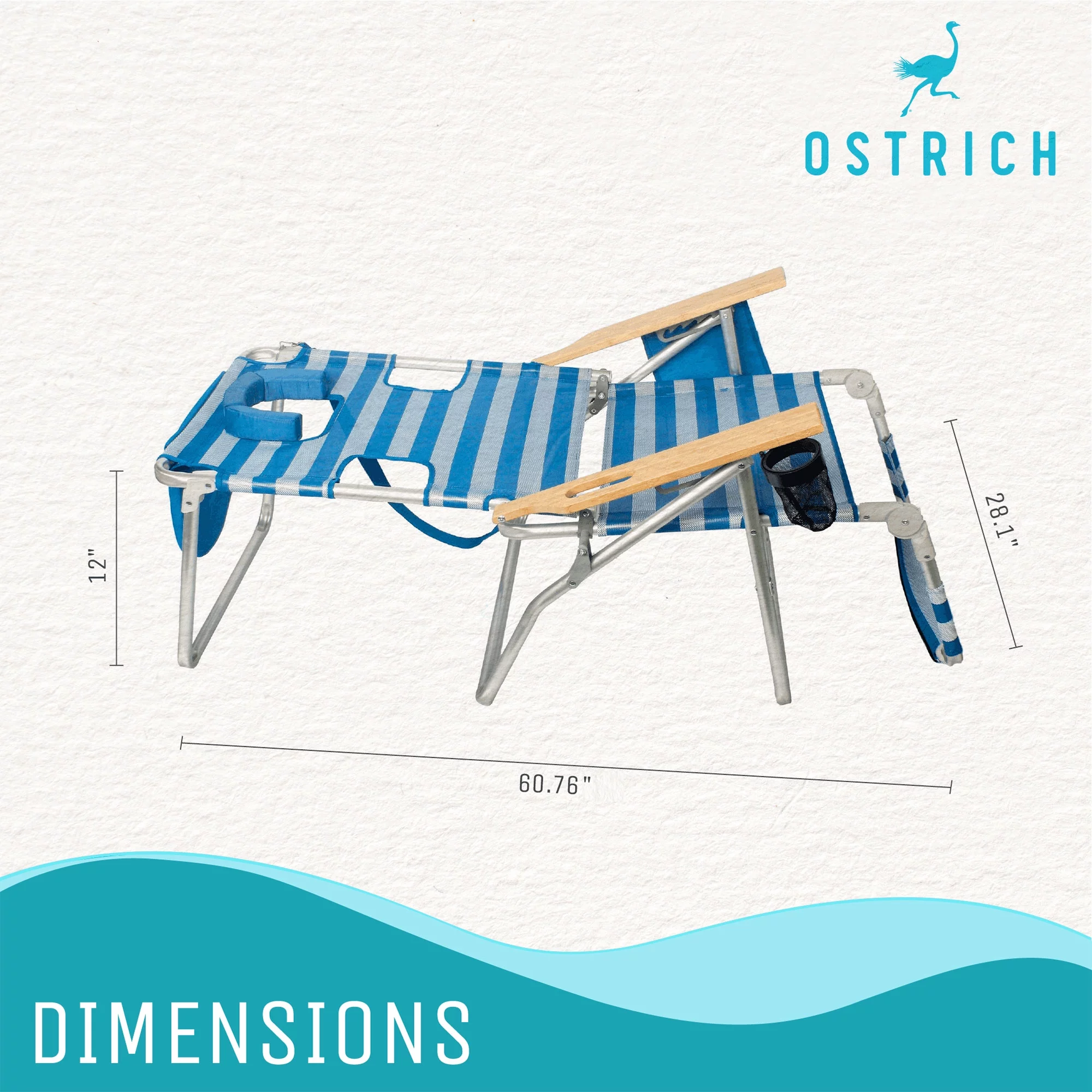 Ostrich 3N1 Reclining Beach Chair & On-Your-Back Beach Chair, Striped Blue