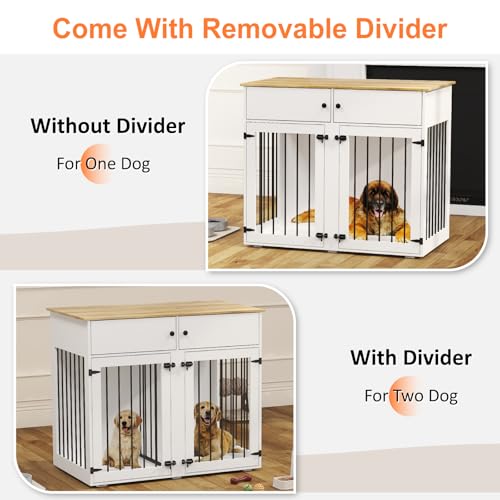 Dog Crate Furniture for 2 Dogs, 41 Inch Double Dog Cage with Removable Divider, Wooden Dog Cage, Dog Kennel Indoor with 2 Doors for Medium/Small Dogs