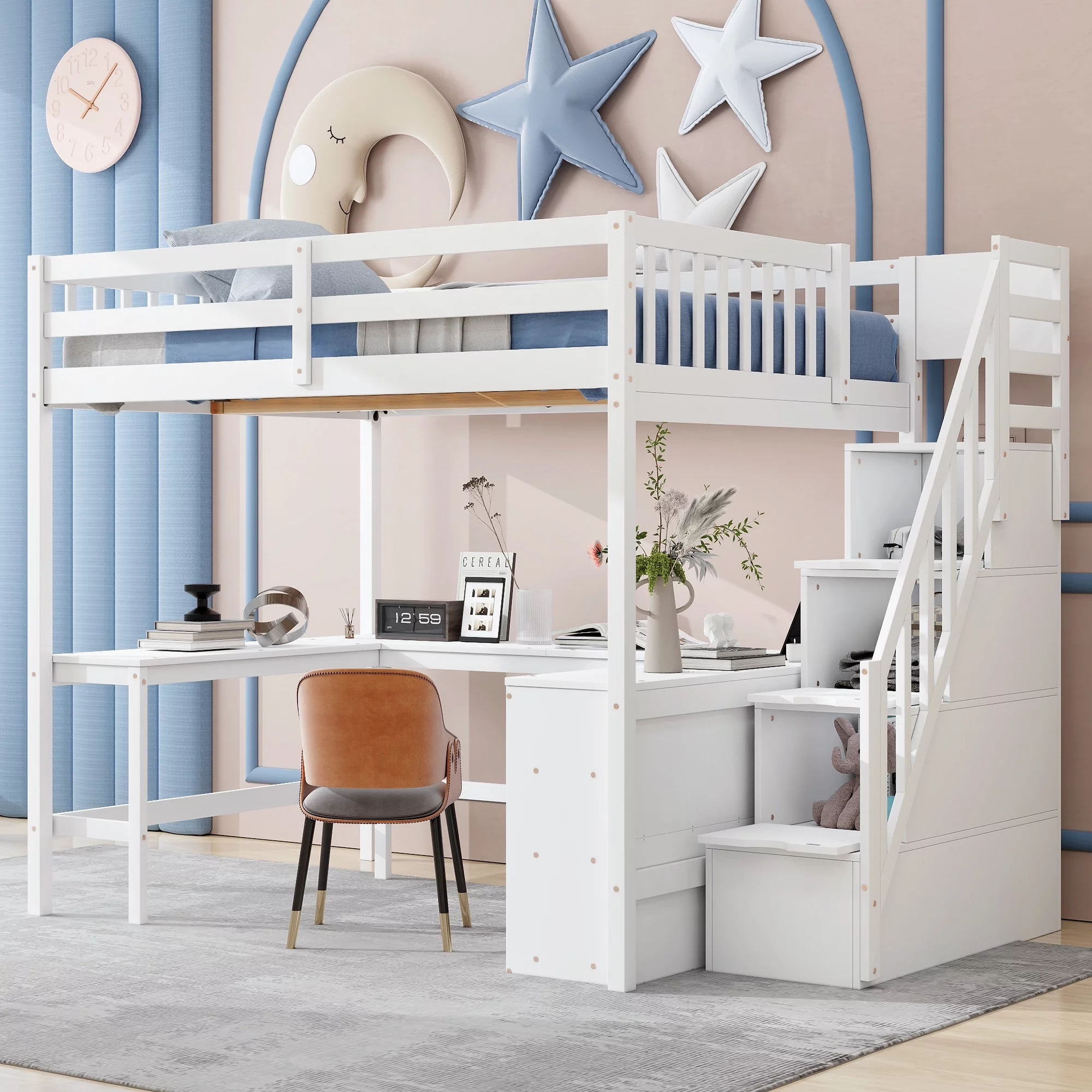 EUROCO Wood Full Size Loft Bed with Desk, Shelf and Storage Staircase for Kids Teens Adults, Built-in Desk with Bookscase for Working Station