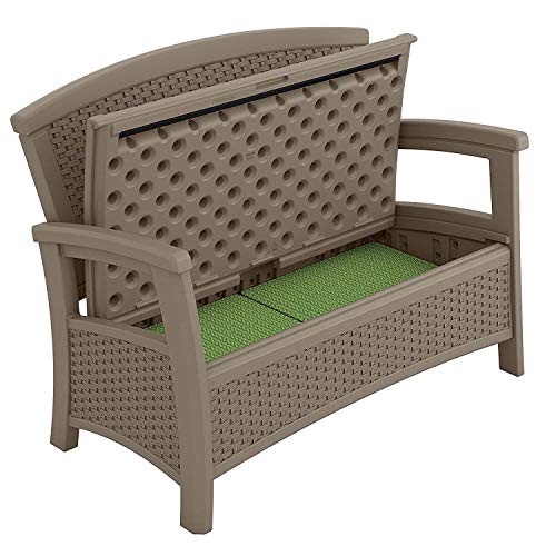 Suncast Elements Stylish Lightweight Loveseat Outdoor Seating with Convenient Built In Universal Storage, and All Weather Plastic, White