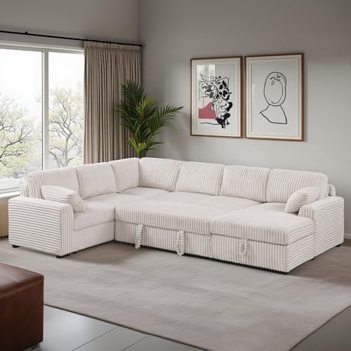 L-Shaped Pull Out Sleep Sofabed,Modern Reversible Sleeper Sectional Sofa Chenille Upholstered Button Tufted Decor with Storage Chaise