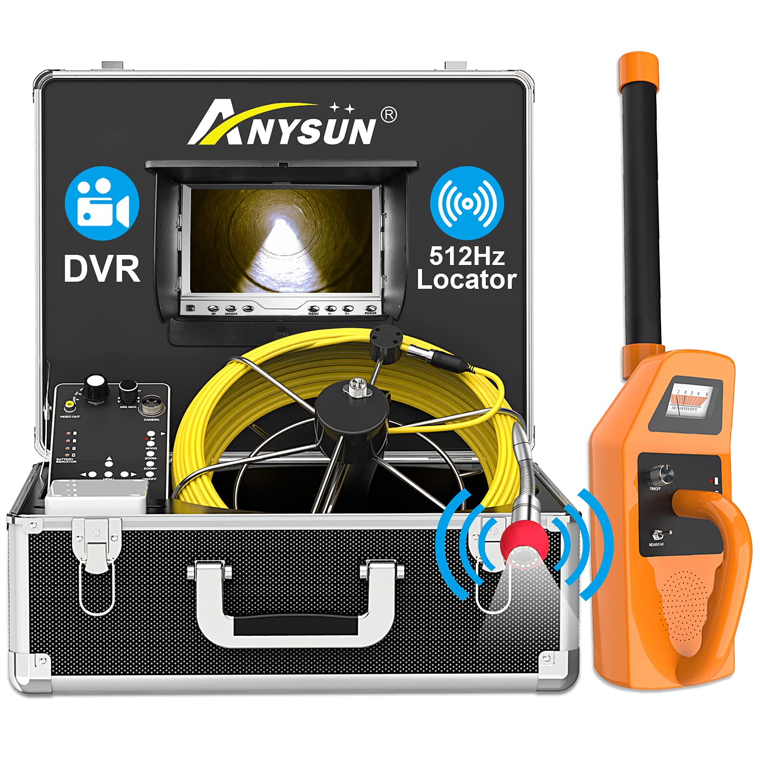 Anysun Sewer Inspection Camera with Locator, 100ft Pipe Camera with 512Hz Sonde Transmitter and Receiver