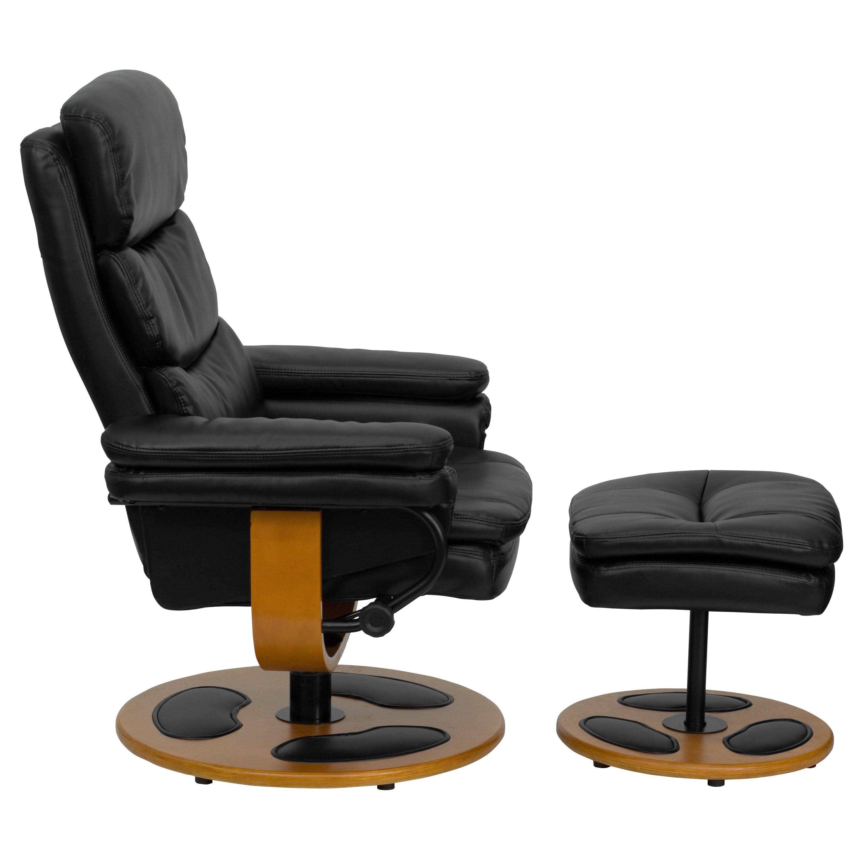 Contemporary Black Leather Recliner and Ottoman with Wood Base