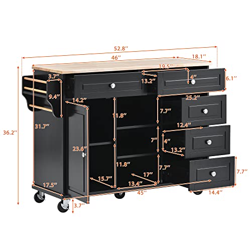 53.5''Farmhouse Kitchen Island with Power Outlet, Kitchen Storage Island with Drop Leaf, Spice Rack and Drawer, Rolling Kitchen Cart on Wheels