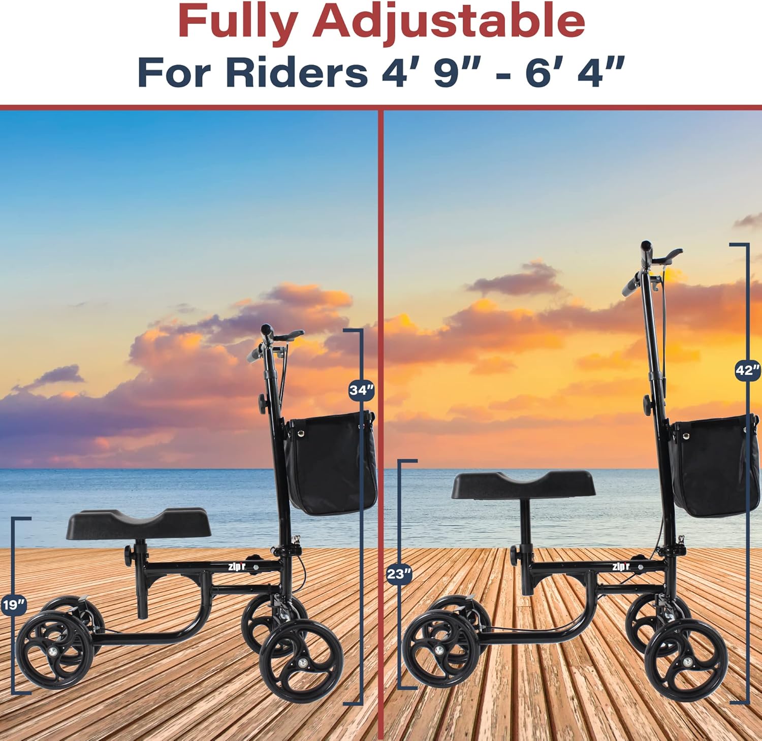 Zipr Coaster Medical Knee Scooter - Portable Knee Roller Scooter - Knee Walker Scooter with Removable Storage Bag - Steerable Knee Scooter Crutch