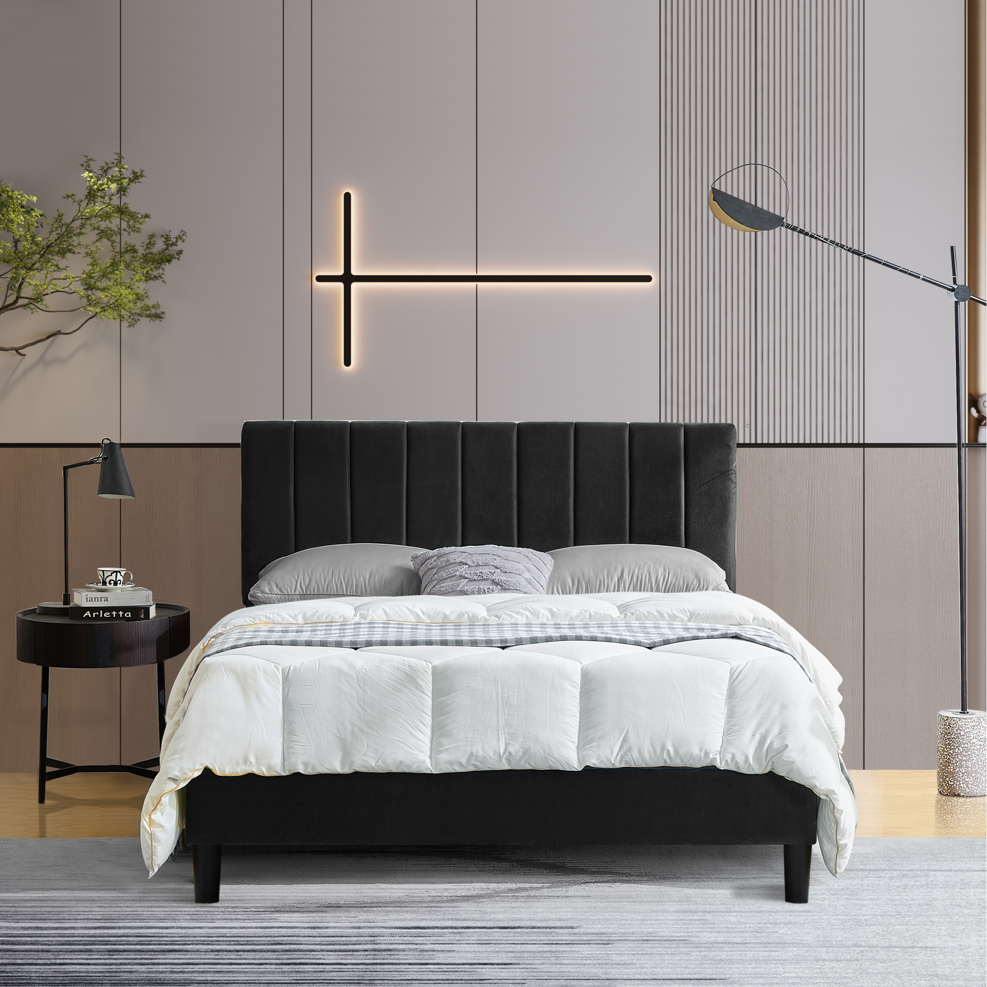 Queen Size Black Platform Bed with Upholstered Headboard, Heavy Duty Mattress Foundation, Easy Assembly