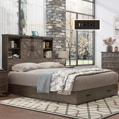 HOWE King Size Bed Frame, Wood Platform Bed Frame with 51.2" Bookcase Headboard, Storage Bed with Sliding Barn Door Charging Station 2 Drawers