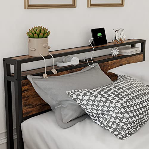 LIKIMIO King Bed Frame with Storage Headboard, Platform Bed with Drawers and Charging Station, No Box Spring Needed, Easy Assembly, Vintage Brown