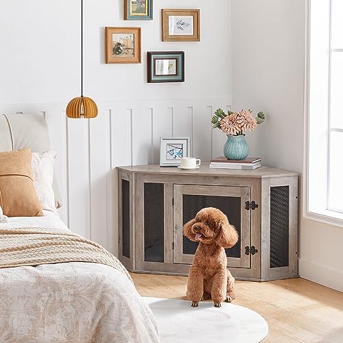 Corner Dog Crate Furniture, Wooden Dog Kennel End Table, Decorative Pet Crate Indoor Use, Furniture Style Dog House for Small Medium Dog