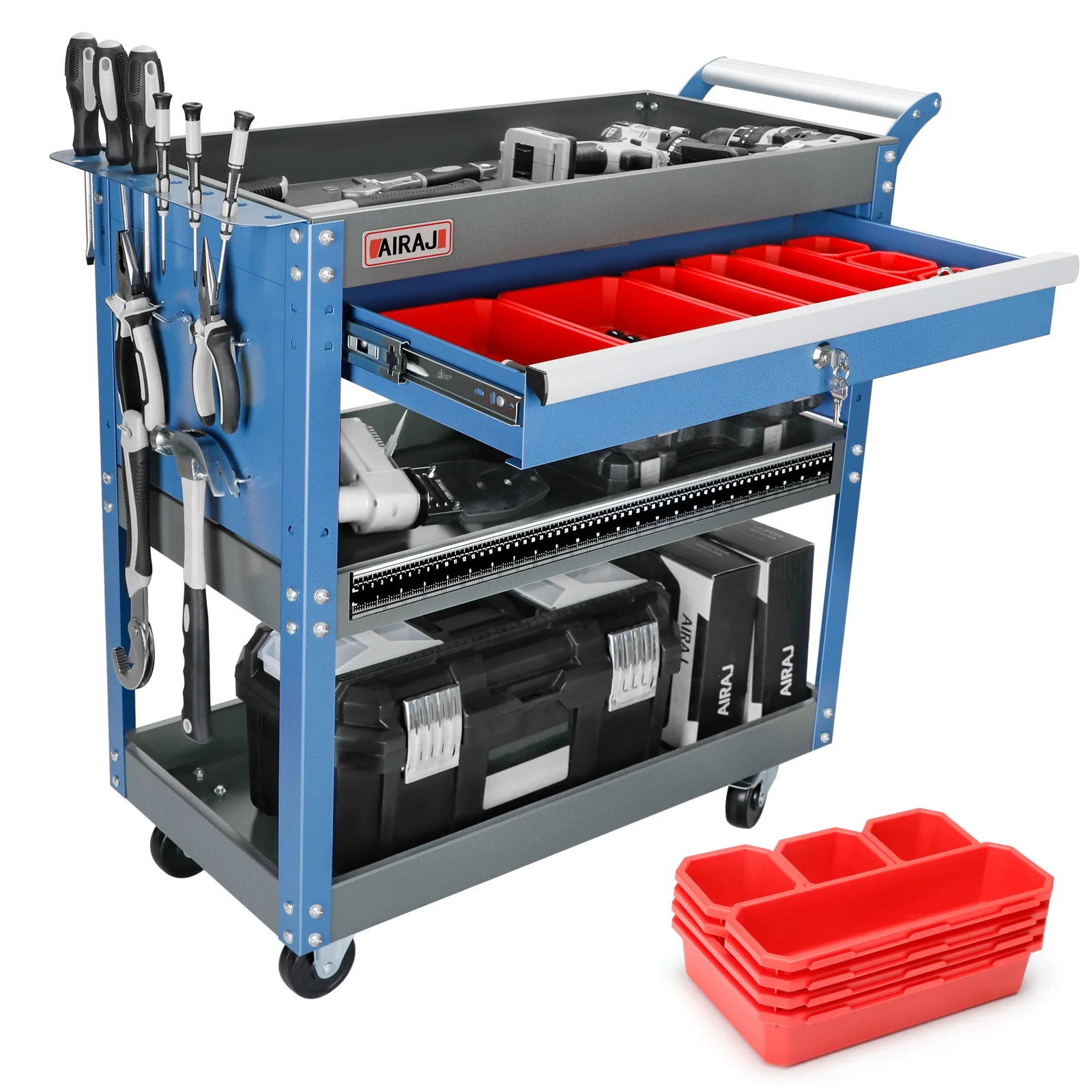 AIRAJ Tool Trolley for Robust 3-Stores,with Hook for Hanging,Non-slip Pearl Set,Ergonomic Handles,Rubber Brake Wheels,Tool Trolley for Home