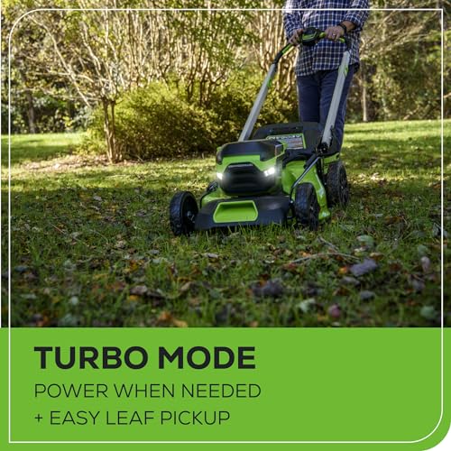 Greenworks 60V 21” Cordless (Self-Propelled) Lawn Mower (LED Lights + Aluminum Handles), 2 x 4.0Ah Batteries and Dual Port Rapid Charger