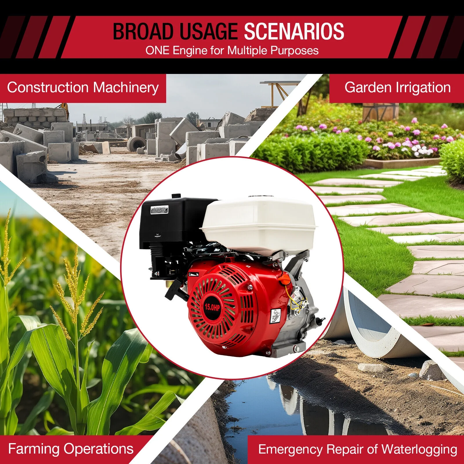 15HP 4Stroke 420CC Engine OHV Horizontal Gas Engine Recoil Start Go Kart Motor Red - Radiant Selections