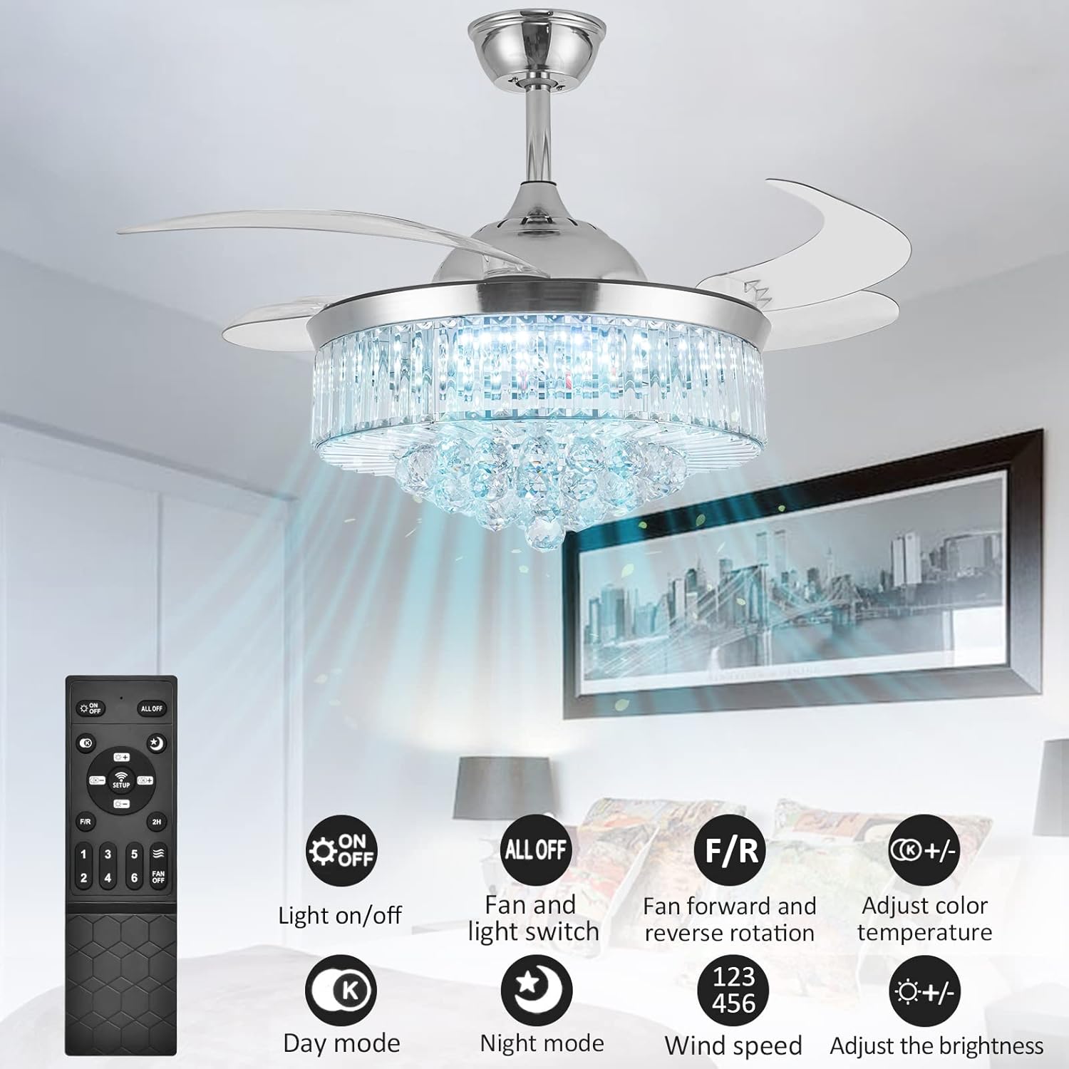 36 Inch Crystal Ceiling Fans with Lights