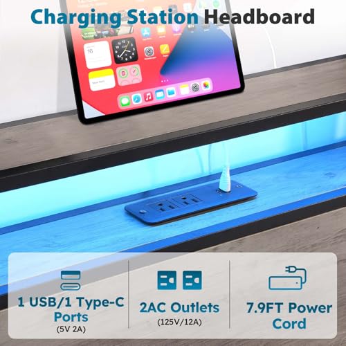 Full Size Bed Frame with Headboard, LED Platform Bed with 4 Storage Drawers, Built in Charging Station, Noise-Free, Metal Support Base