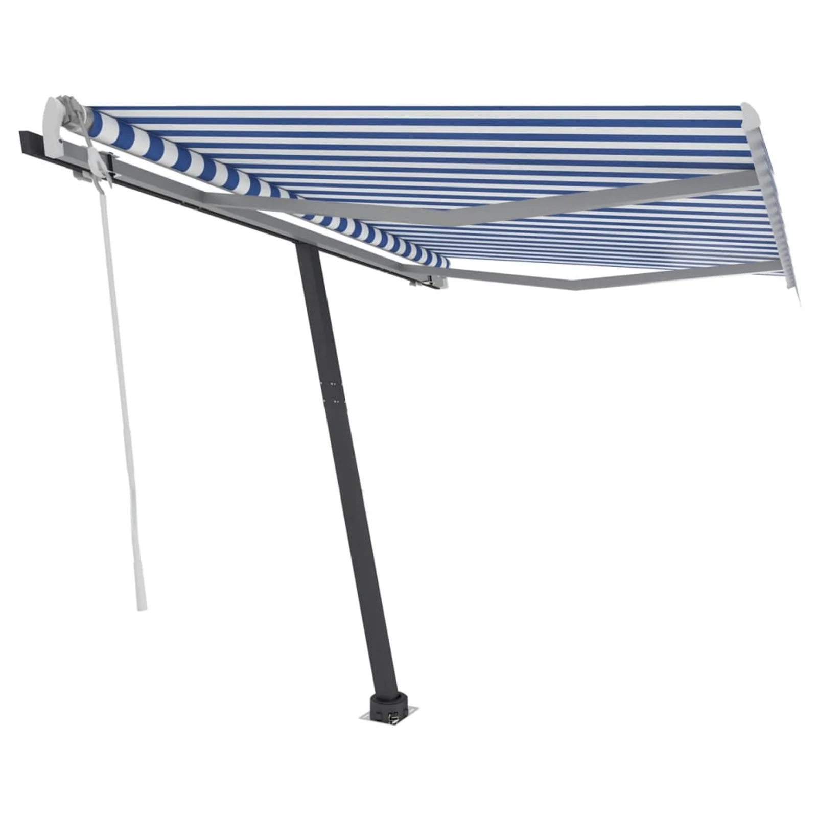Dcenta Freestanding Manual Retractable Awning with Base Outdoor Canopy Sunshade Shelter Blue and White for Patio, Balcony, Backyard, Garden