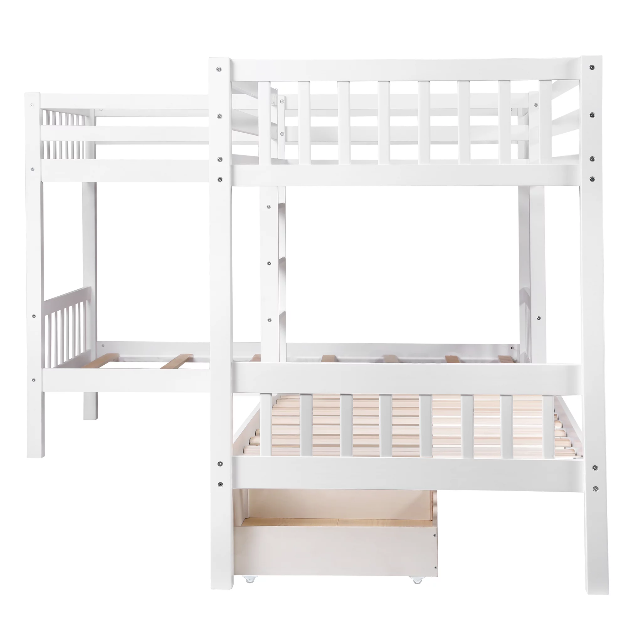 White Twin L-Shaped Bunk Bed with Drawers