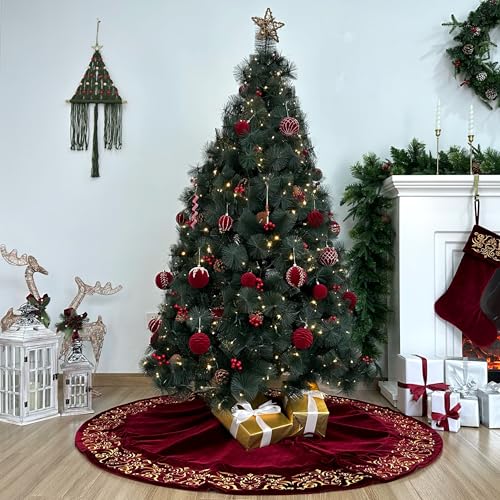 72-Inch Victorian Velvet Christmas Tree Skirt with Gold Damask Embroidery and Plush Lace Ties, Burgundy