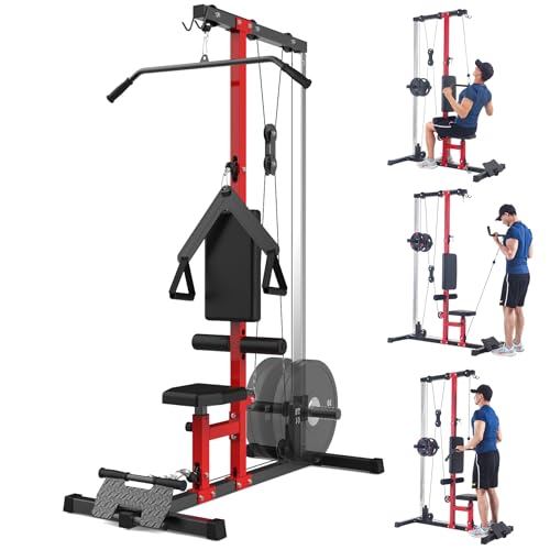 LAT Pulldown Machine, Multi-Functional Cable Machine with High and Low Pulley Station, Row Cable Machine Home Gym with Leg Support