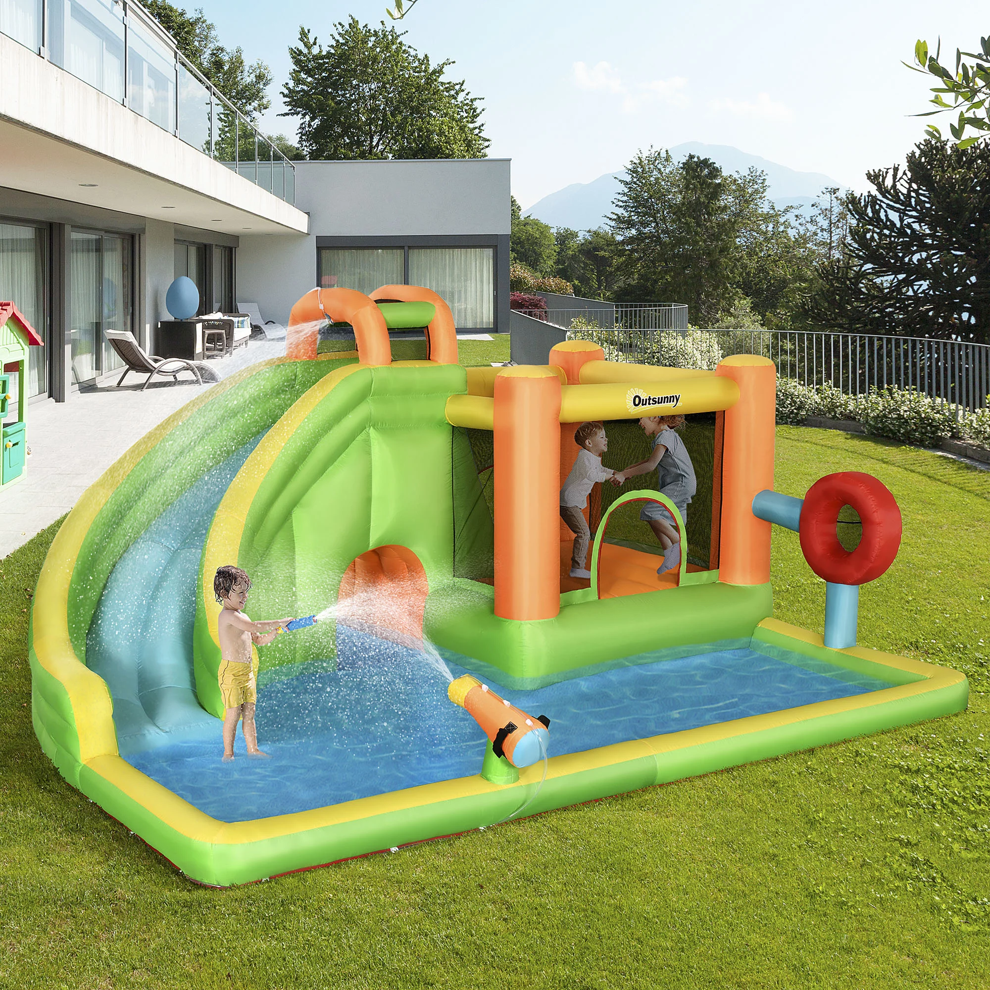 Outsunny 7-in-1 Inflatable Water Slide, Kids Castle Bounce House Includes Slide, trampoline, Pool, Water Cannon, Ball-target, Boxing Post