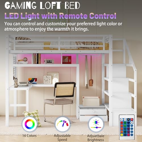 Queen Loft Bed with L-Shaped Desk and Stairs,Metal Queen Size LoftBed with Wardrobe and Adjustable Shelf, Gaming Bed with LED and USB