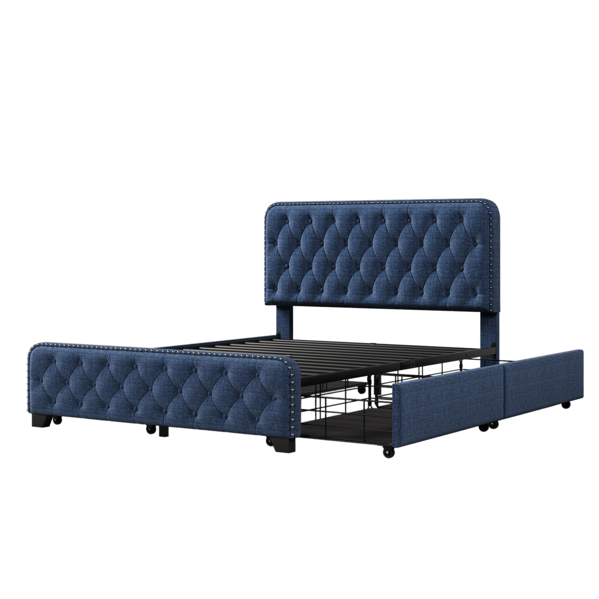 Upholstered Platform Bed Frame with Four Drawers, Button Tufted Headboard and Footboard Sturdy Metal Support, No Box Spring Required, Blue