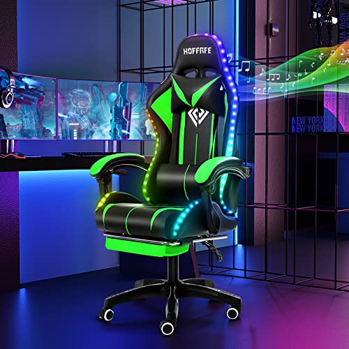 HOFFREE RGB Gaming Chair with Speakers Massage Computer Gaming Chair with LED Lights and Footrest High Back Video Game Chair for Adults Blue and Black