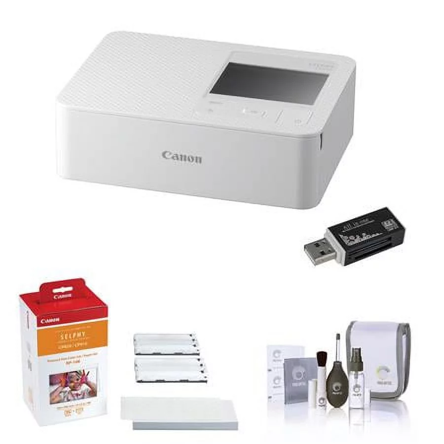 SELPHY CP1500 Wireless Compact Photo Printer, White Bundle with RP-108 High-Capacity Color Ink/Paper Set, Card Reader, Cleaning Kit