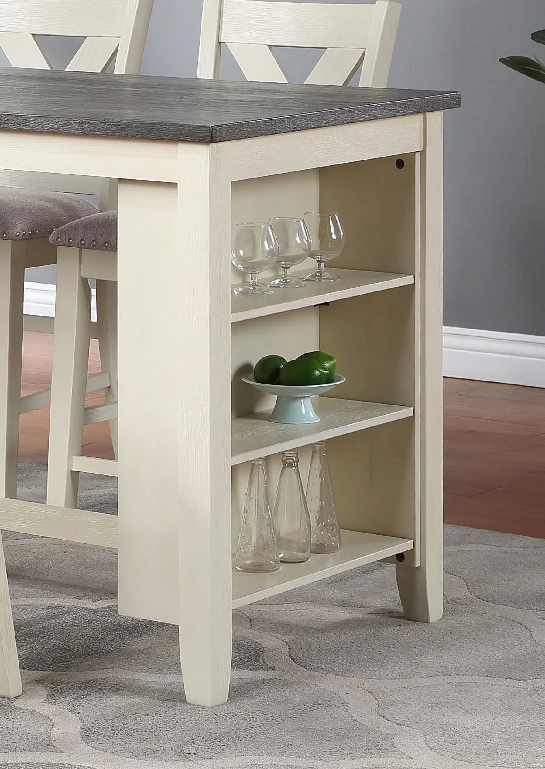 Dcenta Modern Contemporary 5pc Counter Height High Dining Table w Storage Shelves High Chairs And Stools Wooden Kitchen Breakfast Table Dining Room