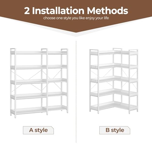 Rolanstar Bookshelf 5 Tier with 4 Hooks, Reversible Corner Bookshelf