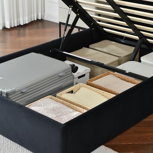 VELOCAVA Queen Size Lift Up Storage Bed with Modern Wingback Headboard, Upholstered Platform Bed with Fabric with Hydraulic Support Bars