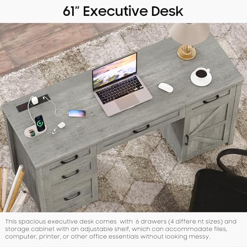 Farmhouse 61'' Executive Desk with 5 Drawers, Rustic Office Desk Computer Desk with Charging Station, File Drawers and Storage Cabinet