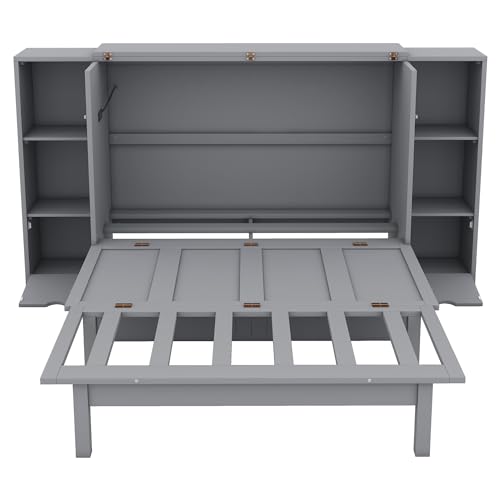 Queen Size Murphy Wall Bed with Storage, Bookcase Headboard, Solid Wood Cabinets, Shelves, Drawers and USB Ports