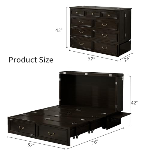 Murphy Bed Cabinet Full, Solid Wood Murphy Bed with 2 USB & 2 Charging Ports, Large Storage Drawer for Home Office or Small Space
