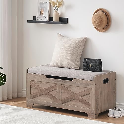 GAOMON Storage Chest, Storage Bench with Safety Hinge, Barn Style Storage Trunk, Wooden Entryway Bench, Shoe Bench, Large Storage Chest for Entryway