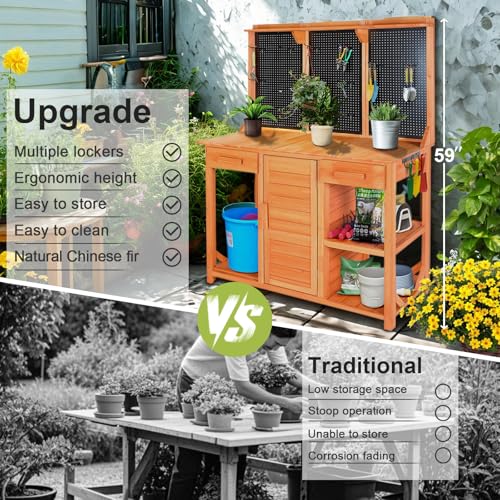 Outdoor Garden Potting Bench, Horticultural Wooden Workstation Table with Storage Drawer, Cabinet, Metal Pegboard
