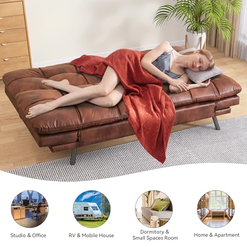 Faux Leather Futon Sofa Bed,Convertible Futon Couch,Memory Foam Loveseat Sleeper Sofa,Small Splitback Modern Folding Couch for Living Room,Office