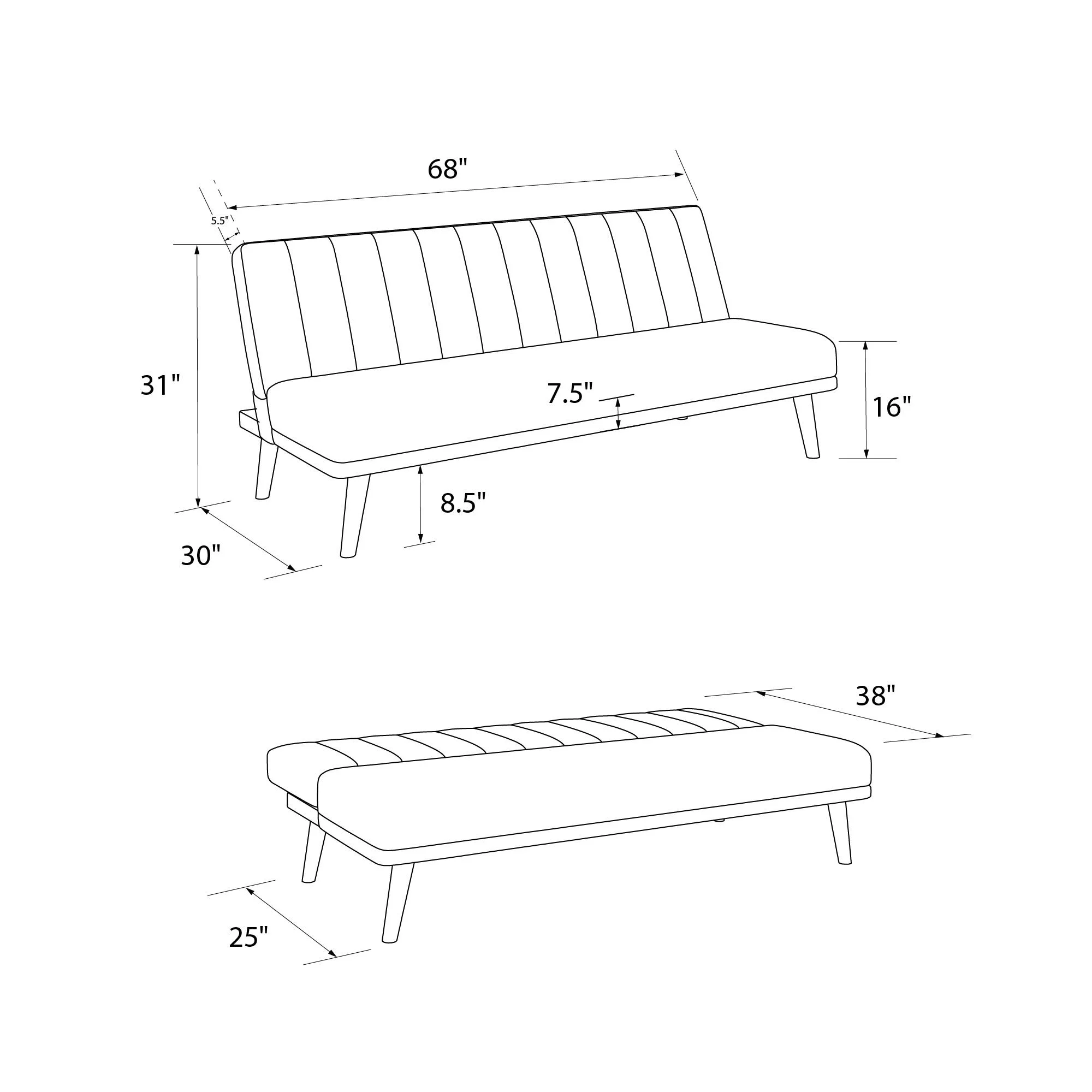 Novogratz Brittany Armless Futon, Sofa Lounger and Sleeper with Hideaway Support Legs, White Faux Leather