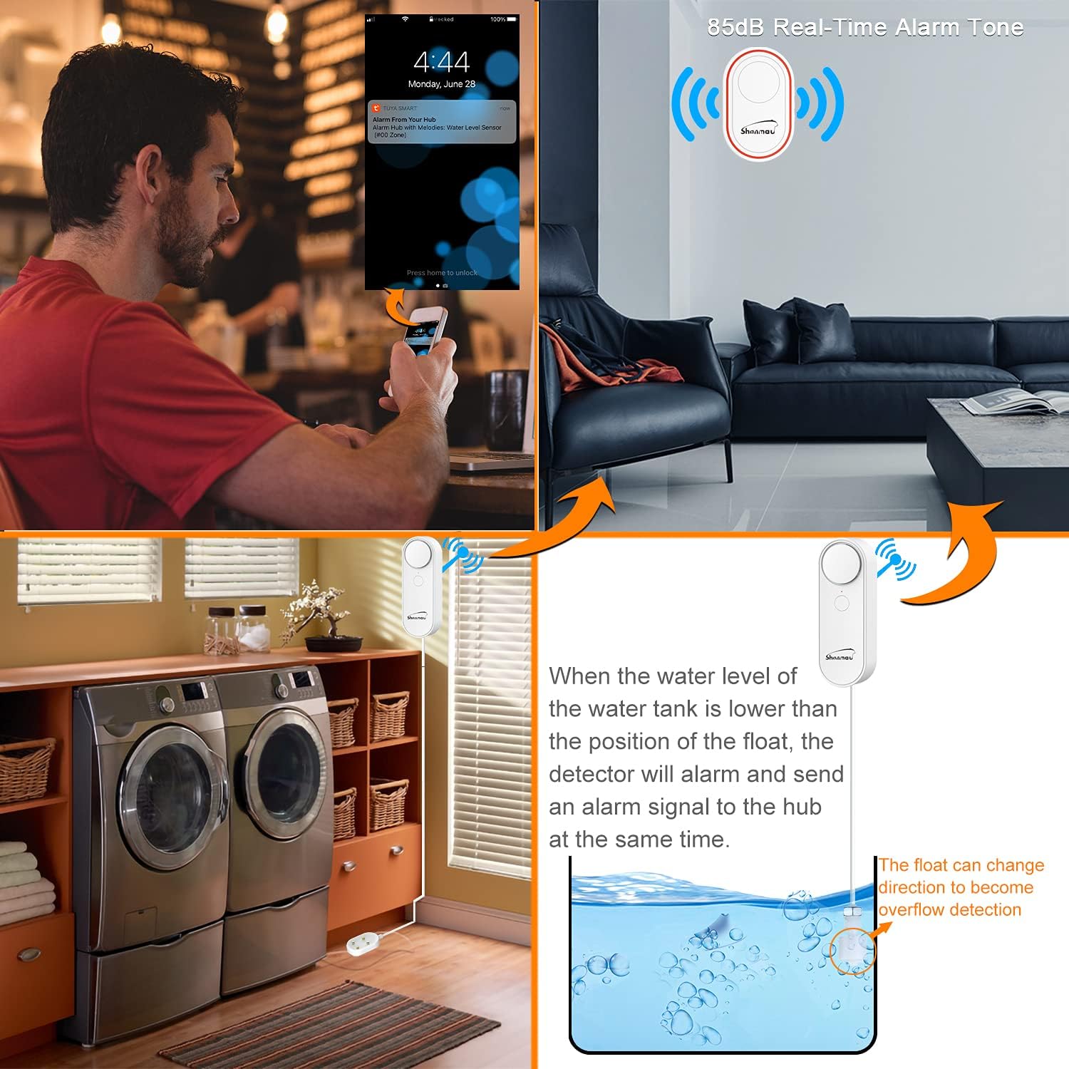 Water Level Detector WiFi, Smart Water Leak Sensor Alarm Kit - High/Low/Leakage Sensor Device, 2 Sensors & 1 Hub