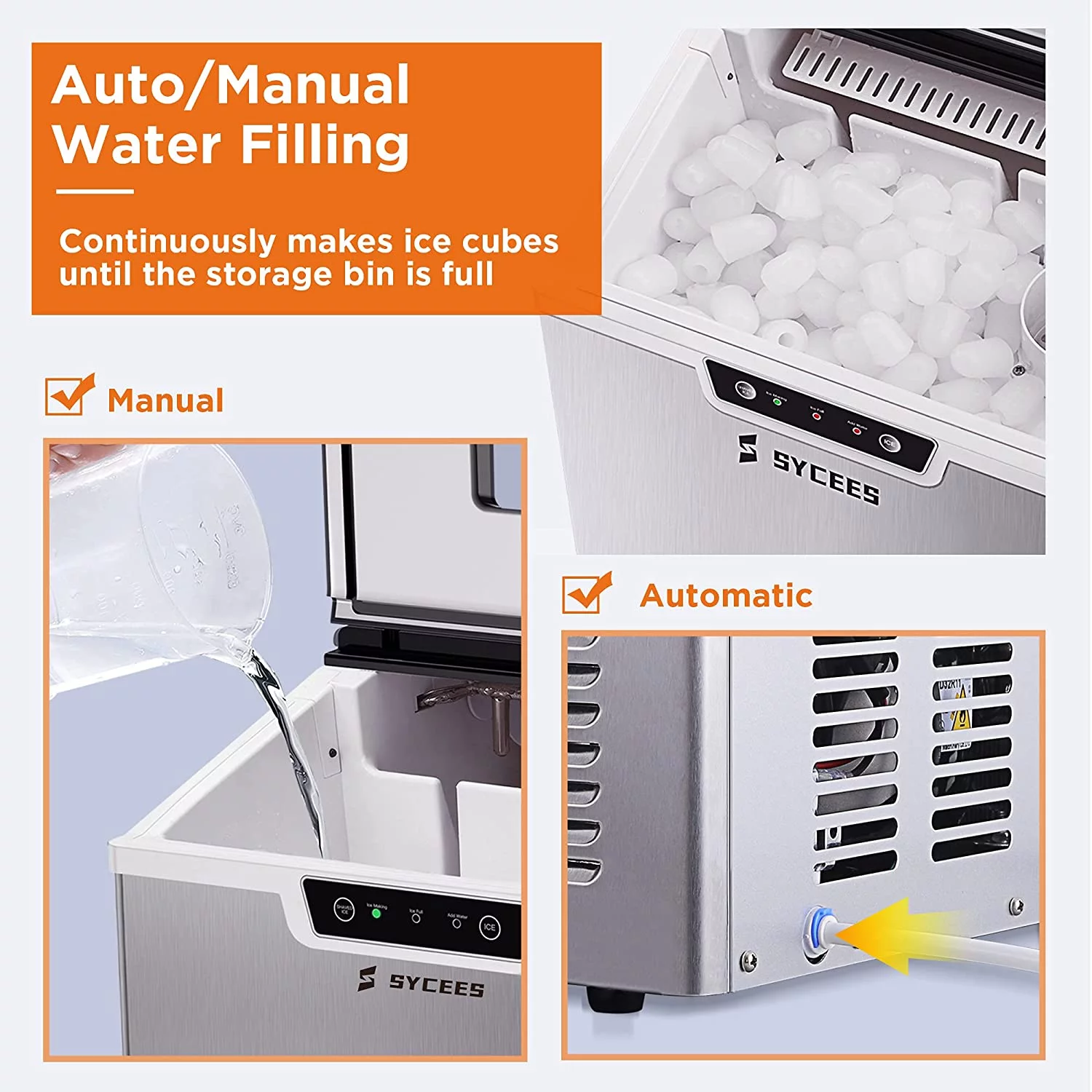 Sycees 2-in-1 Countertop Ice Maker Machine & Ice Shaver, 44lbs Stainless Steel