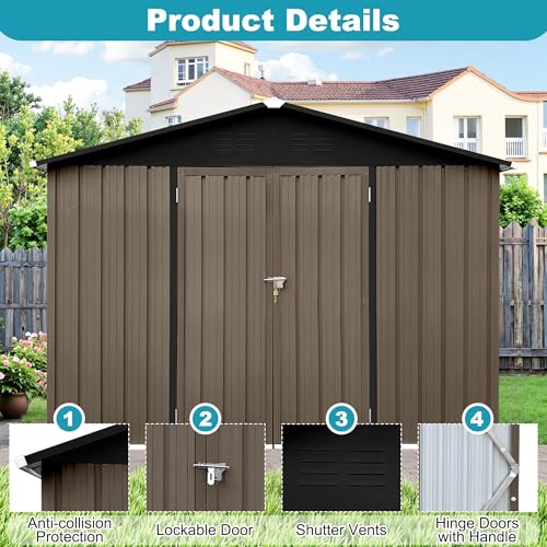 8x6 FT Outdoor Storage Shed, Metal Tool Shed with Lockable Doors, Peaked Roof & Frame Floor