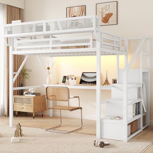 Full Size Loft Bed with Desk and Stairs, Heavy-Duty Steel Loft Bed Frame with Wardrobe & LED Light