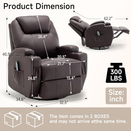 Recliner Chair, Rocking Chair with Massage and Heat, 360° Swivel Recliner Chairs for Adults