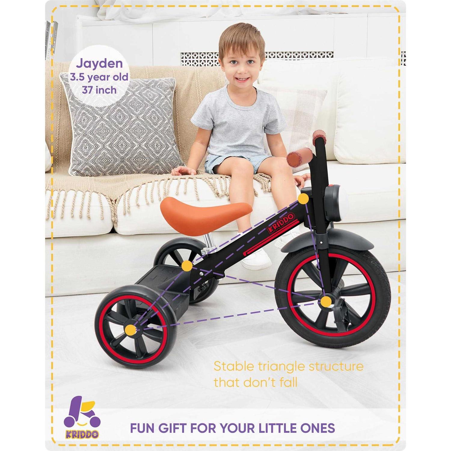 KRIDDO Kids Tricycle 12 Inch Puncture Free Wheel w Front Light - Sports Supplies Online Store