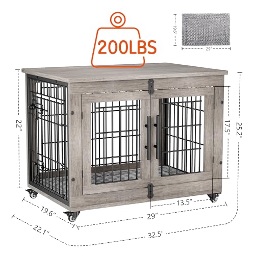Lulive Dog Crate Furniture for Medium Dogs, 32'' Dog Kennel Indoor with Cushion & Wheels Wooden Dog Cage Double Doors Dog Crate End Table, Grey