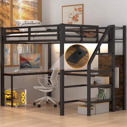Full Size Loft Bed with Desk and Storage Stairs, Heavy Duty Metal Loft Bed Frame with Wardrobe