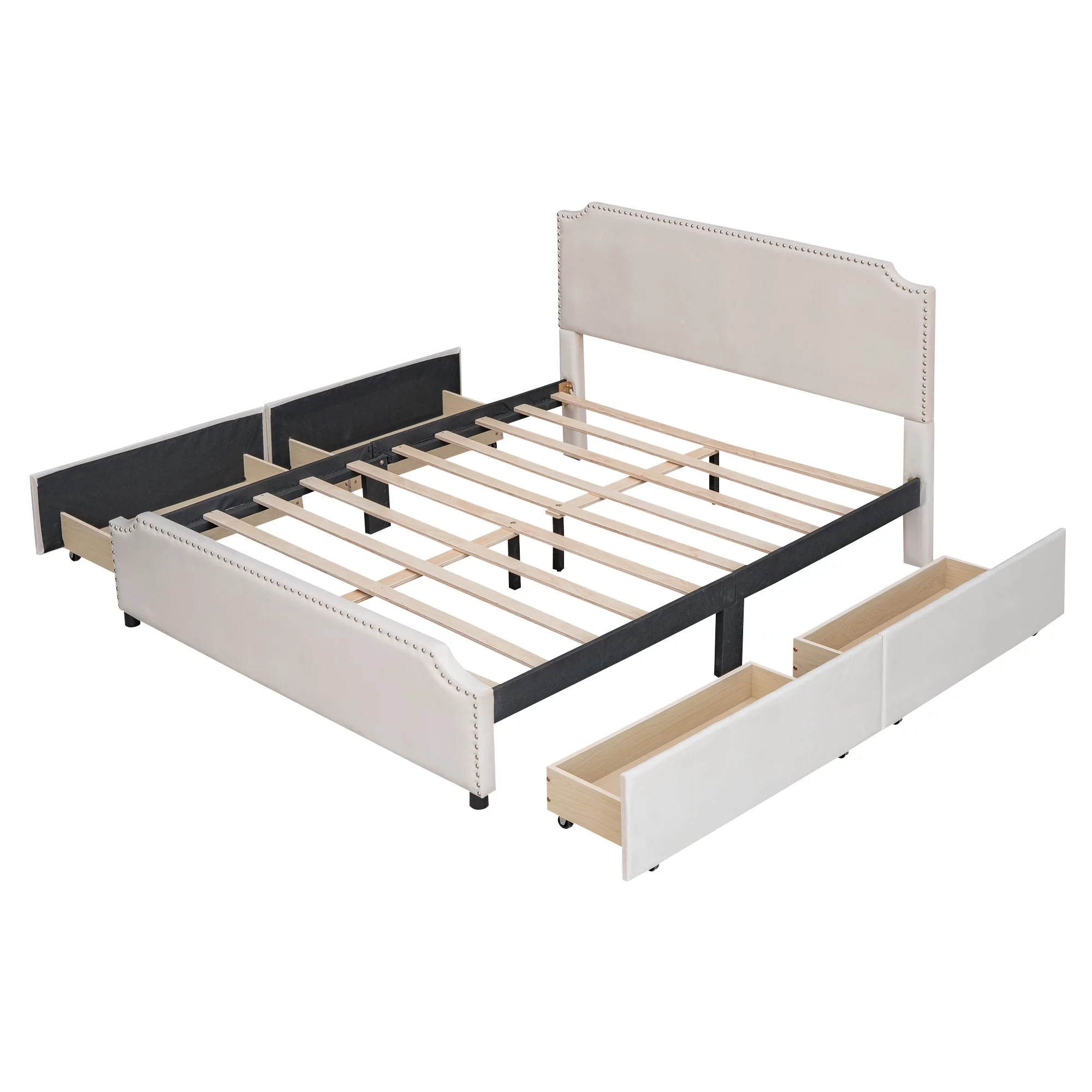Upholstered Queen Size Bed with 4 Storage Drawers,Upholstered Platform Bed Frame with Stud Trim Headboard and Footboard