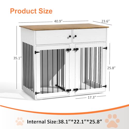Dog Crate Furniture for 2 Dogs, 41 Inch Double Dog Cage with Removable Divider, Wooden Dog Cage, Dog Kennel Indoor with 2 Doors for Medium/Small Dogs