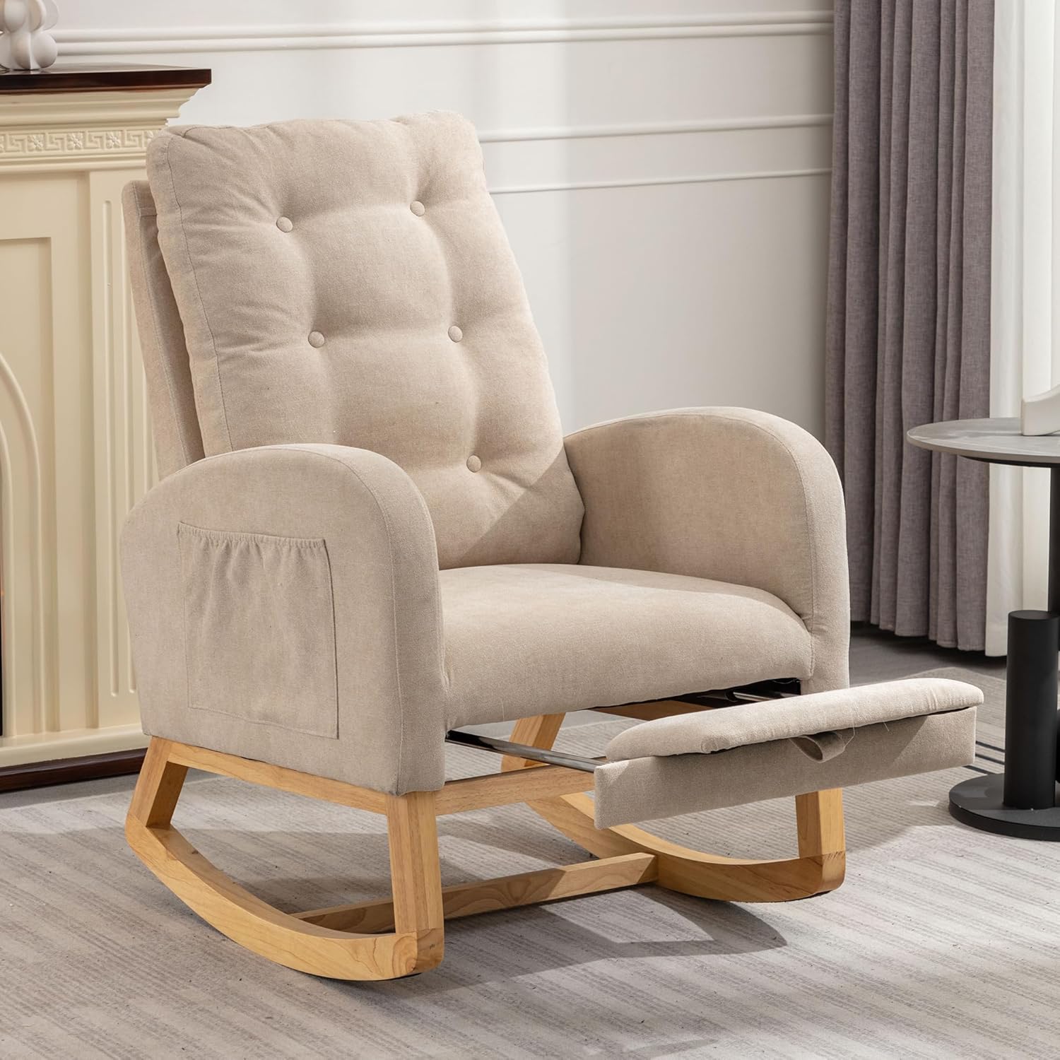 Rocking Chair Set of 1, Upholstered Glider Rocker with High Backrest Armchair, for Living, Bedroom, Nursery Room, Beige