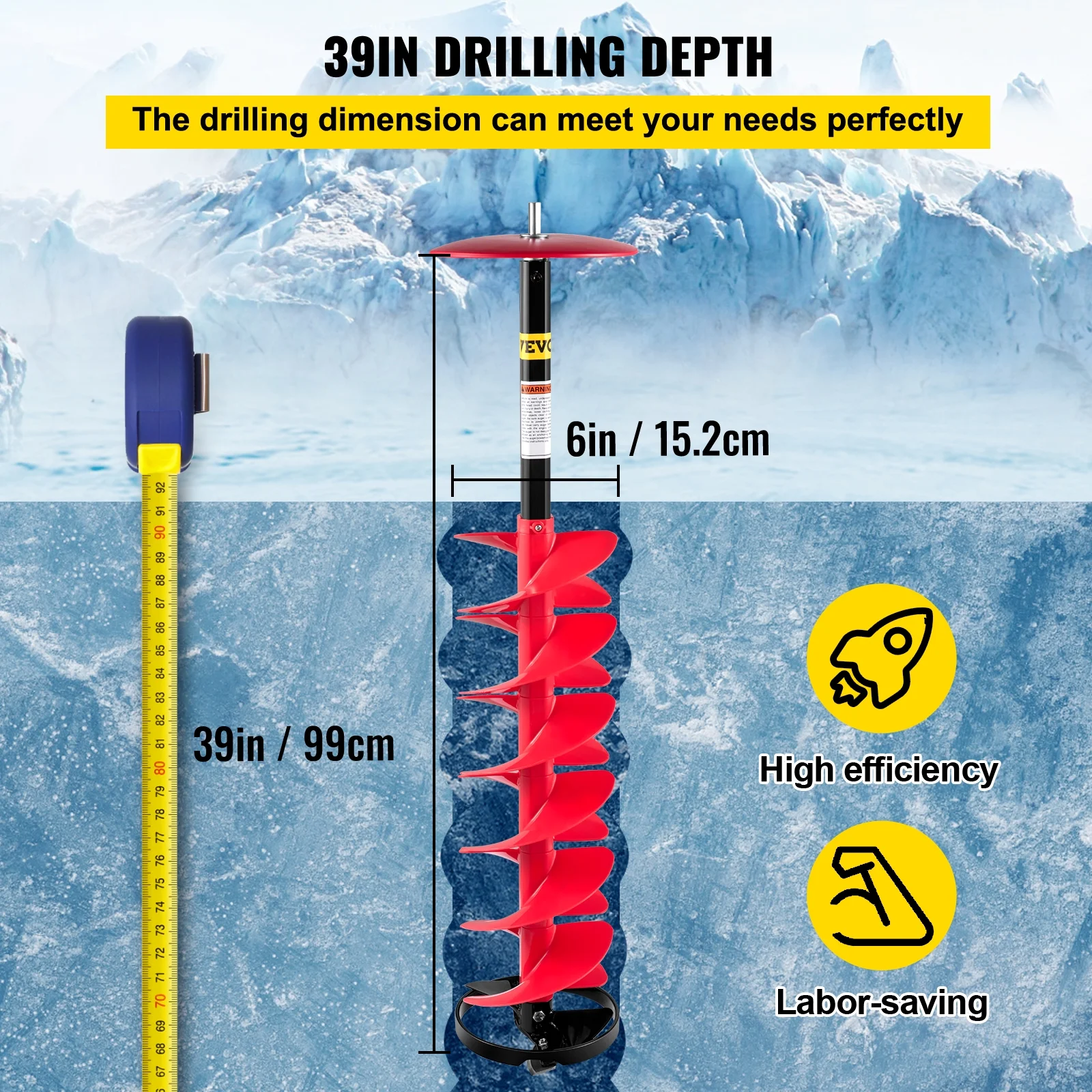 VEVOR Ice Drill Auger, 6'' Diameter Nylon Ice Auger, 39'' Length Ice Auger Bit,Auger Drill with 11.8" Extension Rod,Auger Bit w/ Drill Adapter