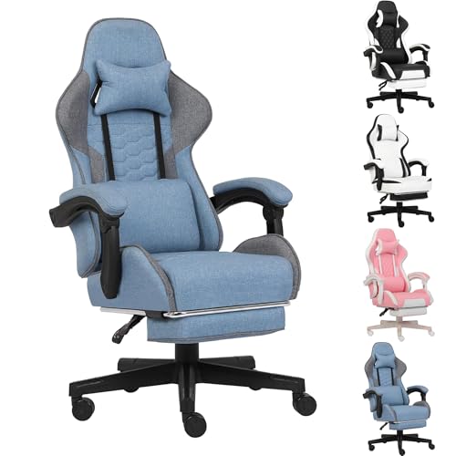Gaming Chair, Computer Office Chair with Footrest, Linkage Armrests and Lumbar Support, High Back Ergonomic Gamer Chairs for Adults, Blue Fabric